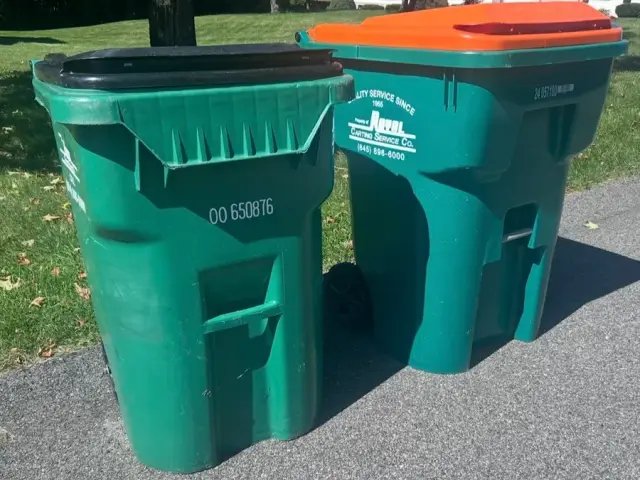 Clean trash and recycling cans in a residential driveway