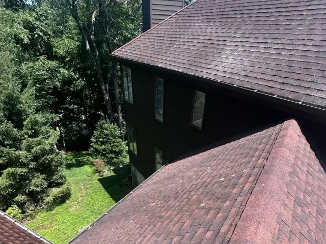 Clean asphalt shingle roof line viewed from above