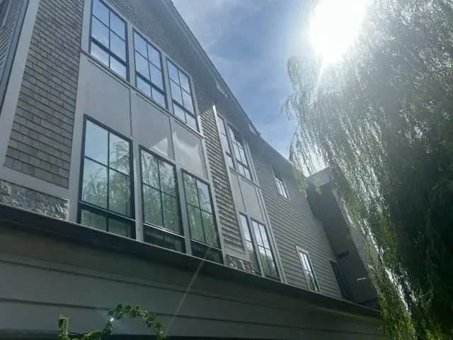 Large clean windows reflecting trees on a home exterior